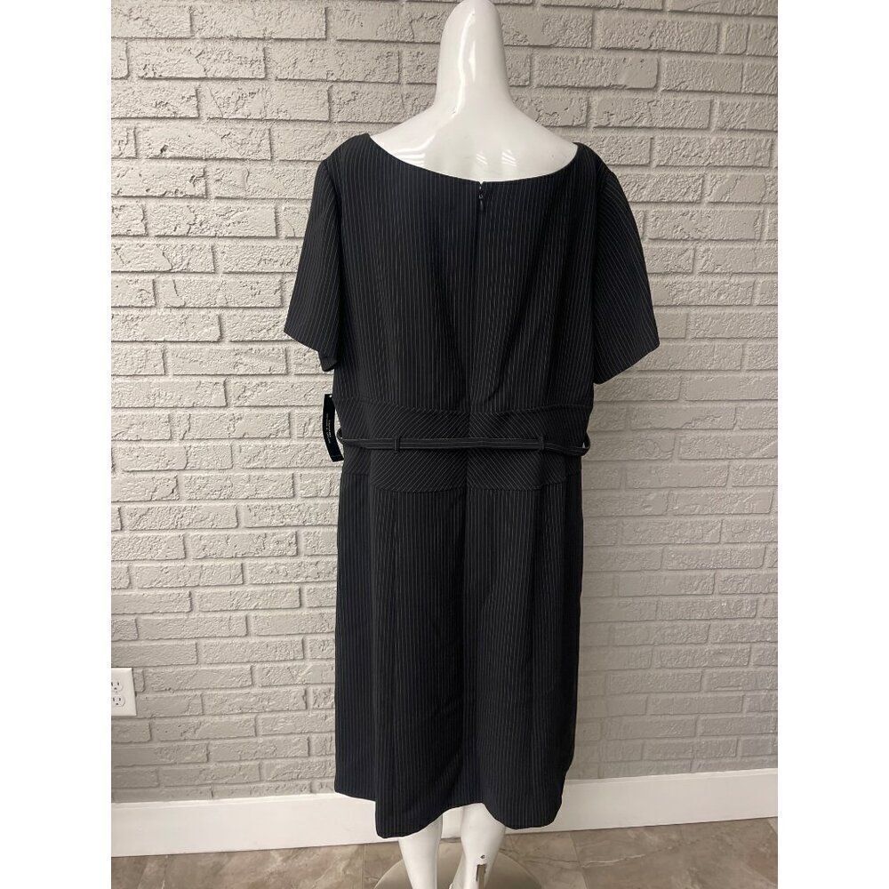 NWT Tahari Women ASL Black Pinstriped Square Neckline Short Sleeve Self-Belted M - Picture 2 of 8